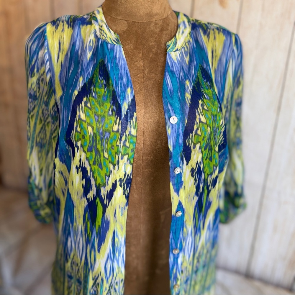 CHICO'S Sheer Tunic Top, Blue & Green Patterned, Button Up Or Cardigan Sz 1 Or M - Picture 10 of 11
